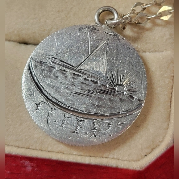 Jewelry - Silver 925  Sailboat Pendant Necklace - Etched Coin Design